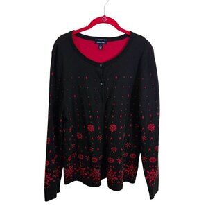Lands' End Black Red Floral Super Soft Cotton Classic Cardigan Sweater Size L